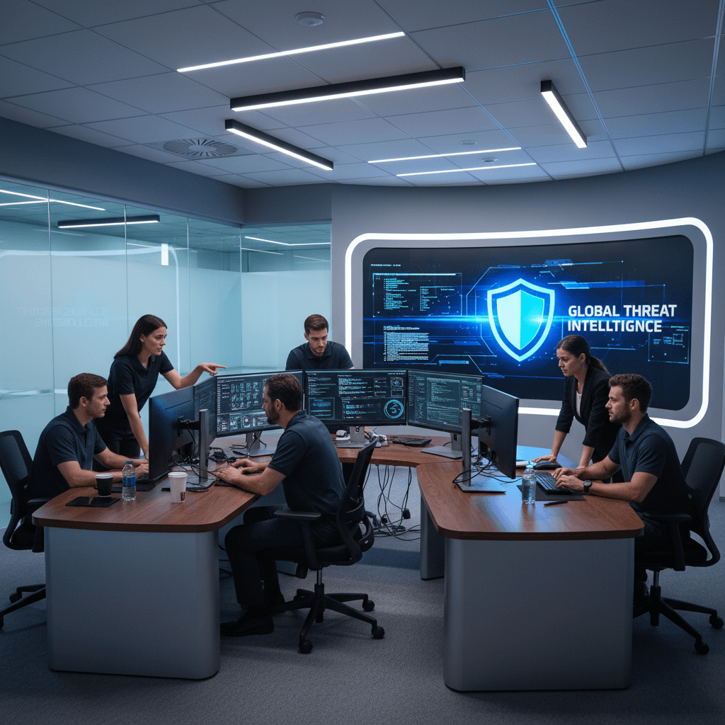 Team of security professionals collaborating efficiently at modern SOC workstations