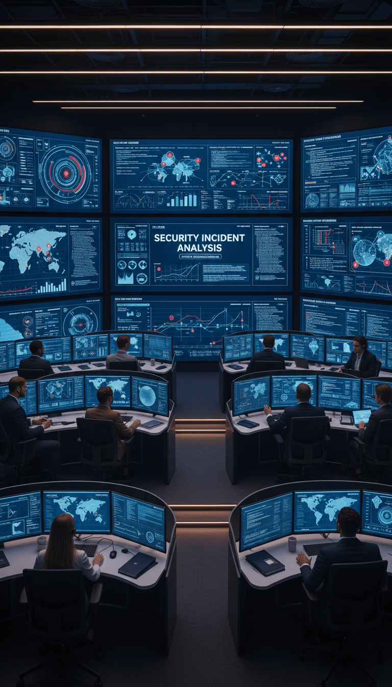 Modern SOC operations center with professionals analyzing security incidents and data correlations