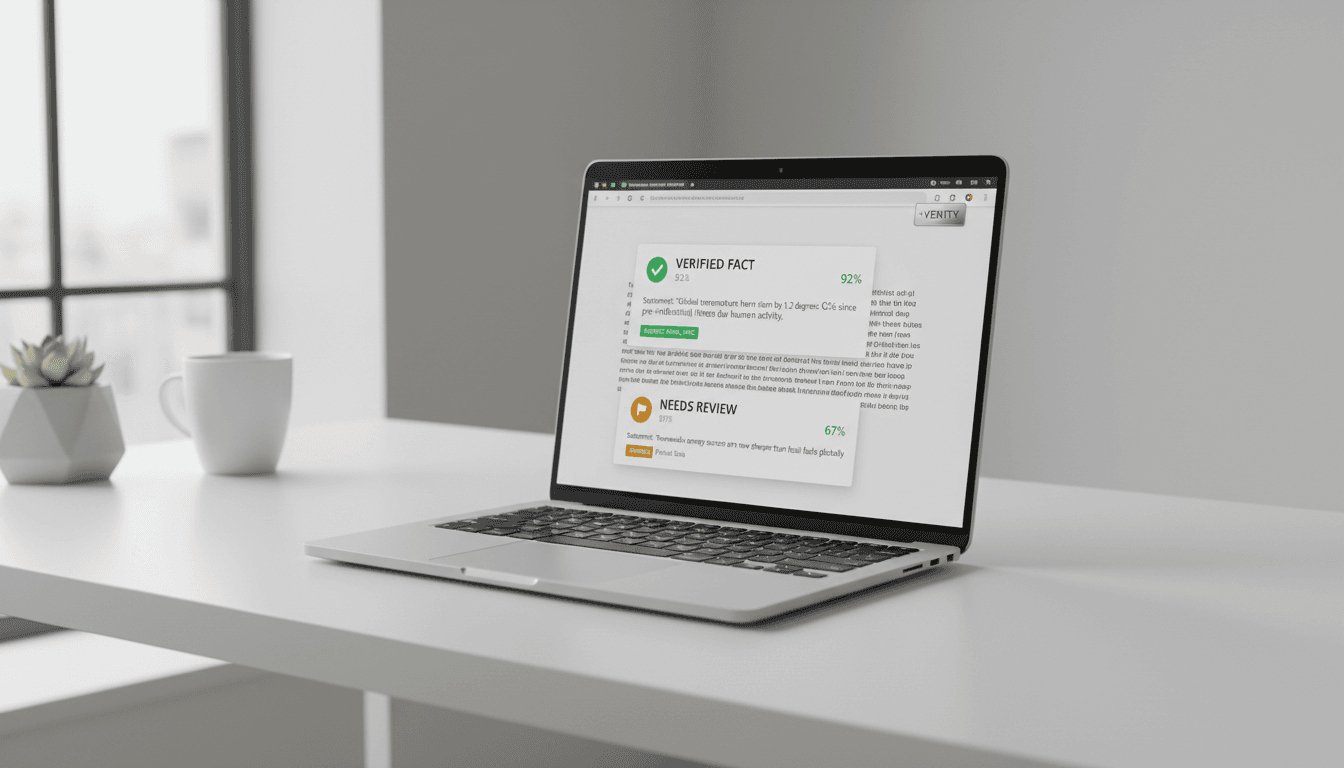 Verity Chrome extension showing real-time fact-checking interface with confidence scores and source citations