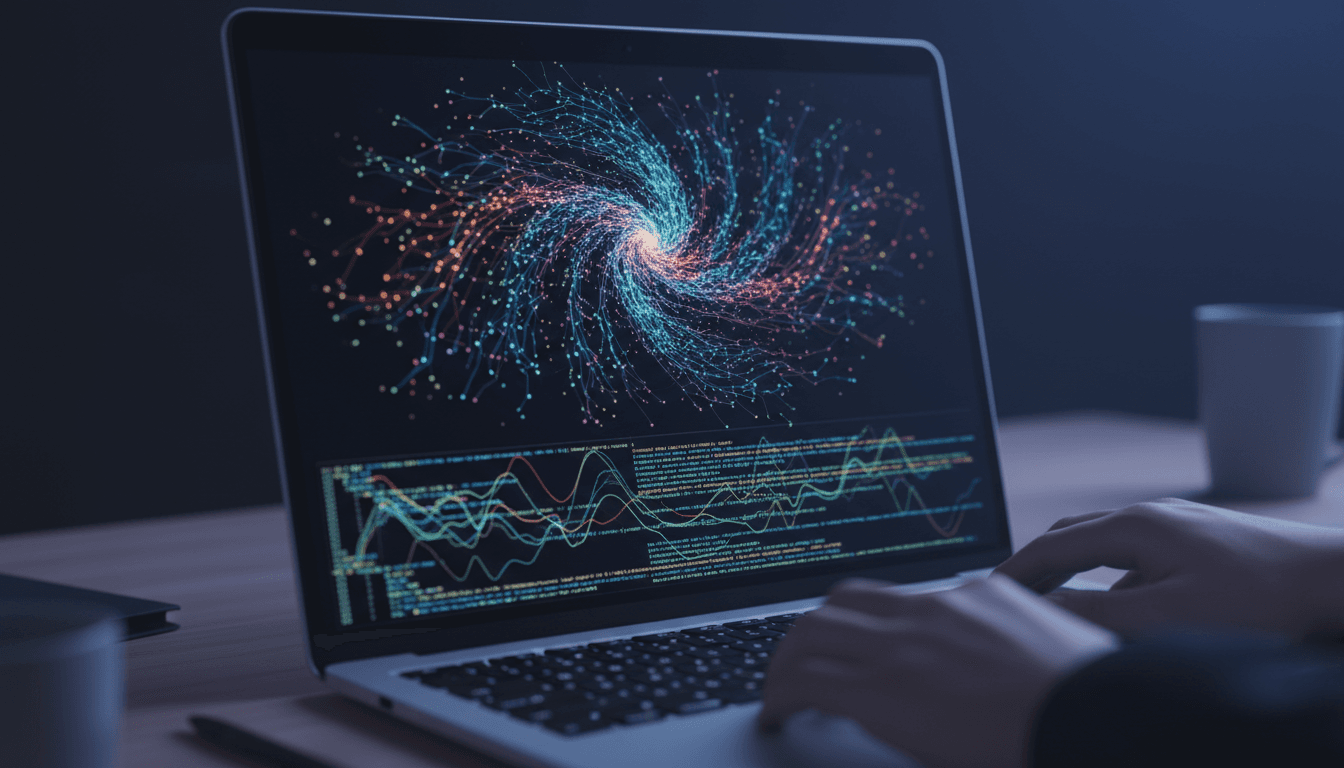 Close-up of laptop screen displaying complex AI model architecture with colorful code visualization