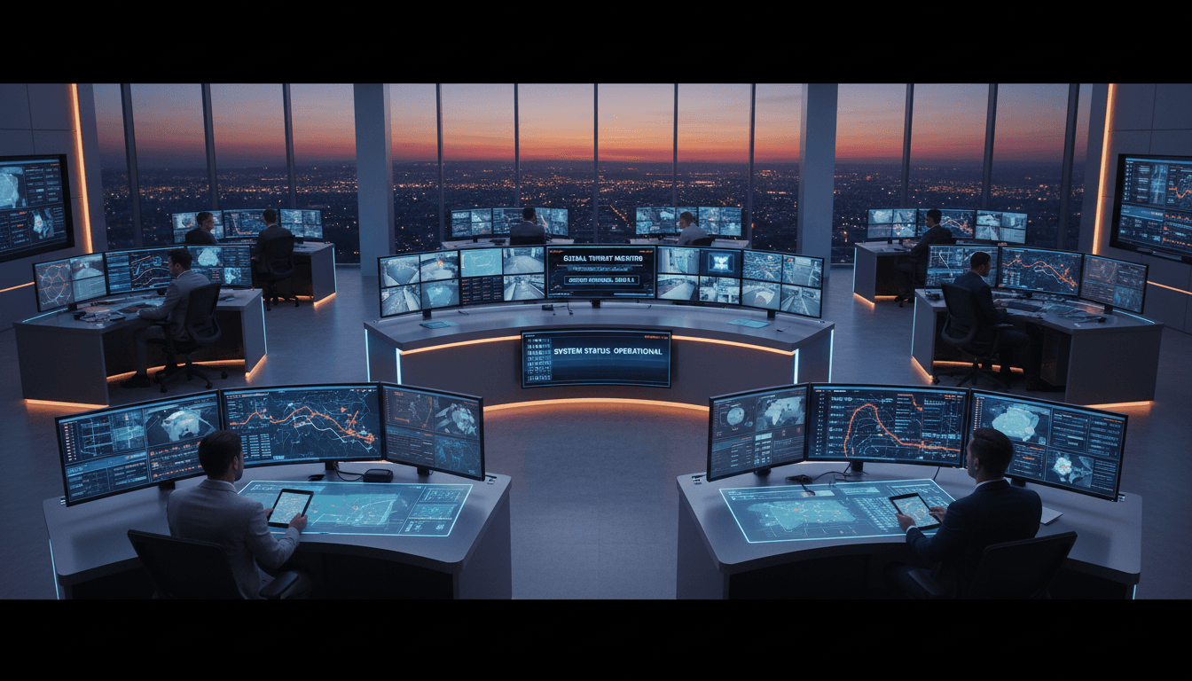 Security operations center with multiple monitors, advanced surveillance systems, and professional team coordinating protection services
